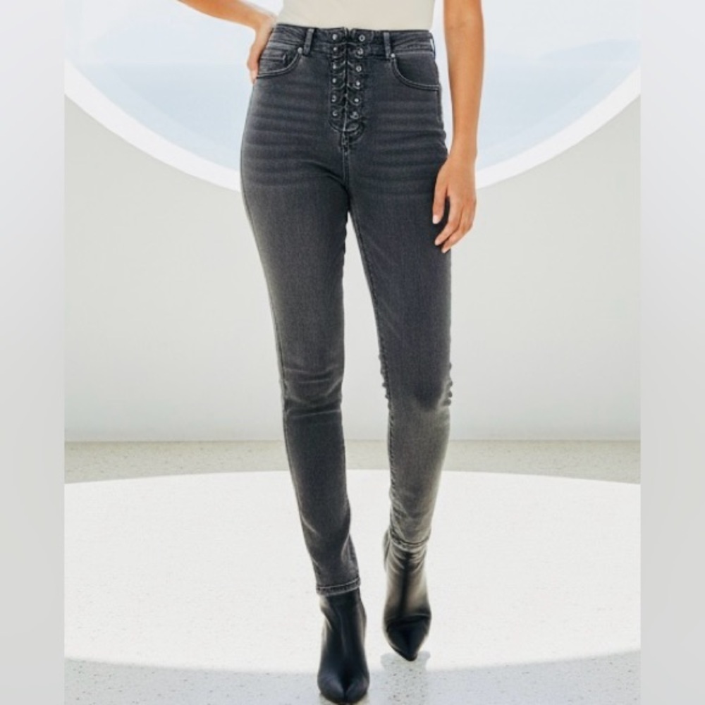 EUC Hudson SZ 30 gray/black high rise skinny jeans/lace up closure/waist 30”-32”